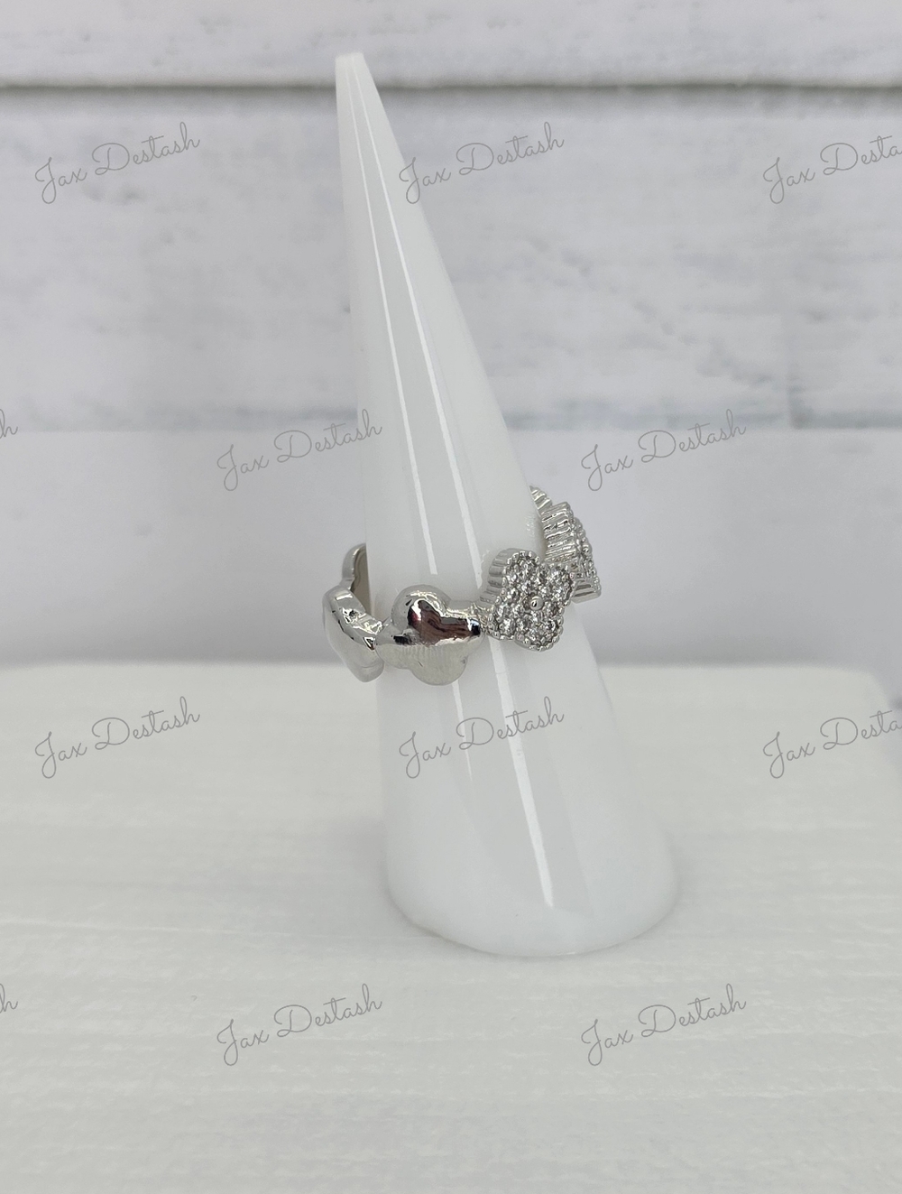Silver Tone Diamond Clover Cluster Ring RG038 - Picture 2 of 4